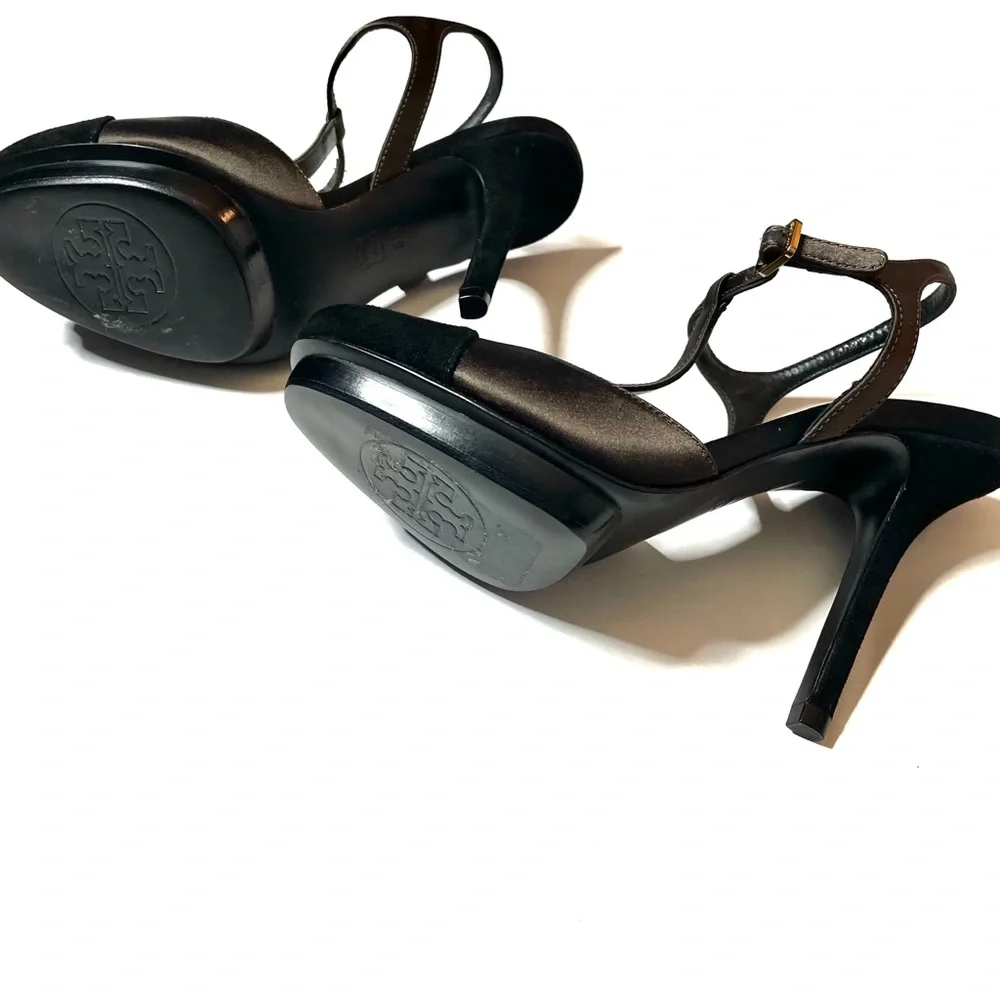 Tory Burch Black and Metallic Brown T‑Strap Heels